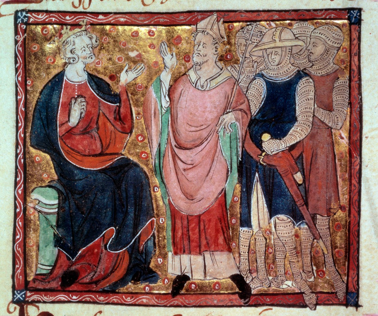 Englannin kuningas Henrik II (1133-1189) vastaanottaa evequen ja sotilaat Miniatyyri 1400-luvun käsikirjoituksesta. Paris, B.N. tekijältä Unknown artist