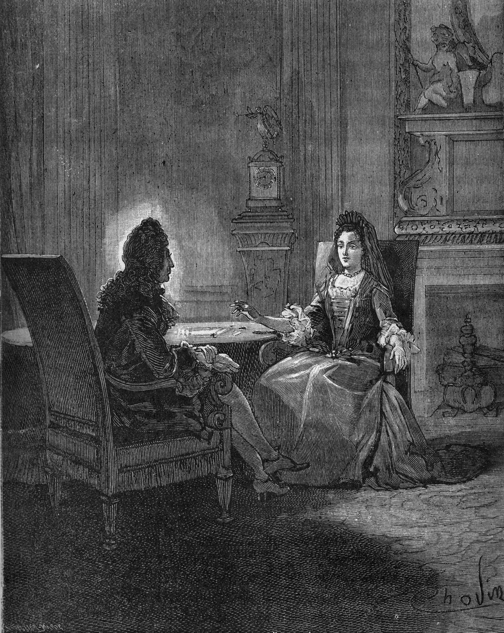 Kuningas Ludvig XIV (1638-1715) keskustelee tulevan vaimonsa Madame de Maintenonin (Francoise d