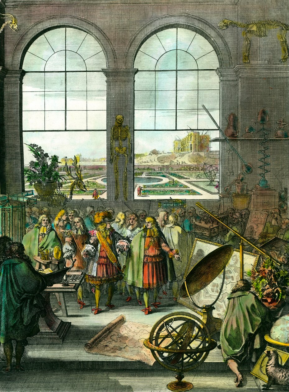 Kuningas Ludvig XIV (1638-1715) vierailee paikalla, taustalla vielä rakenteilla oleva Pariisin observatorio. Mukana on erilaisia tieteellisiä instrumentteja, armillaarisia palloja, luurankoja, karttoja, tähtitieteellisiä linssejä, maapalloa, täytettyjä elä tekijältä Unknown artist