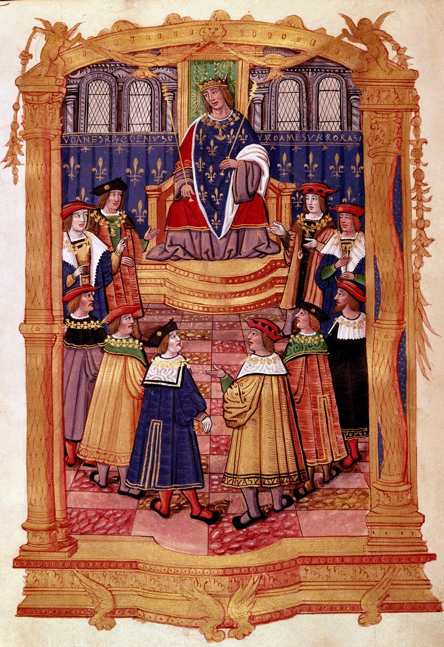 Kuningas Ludvig XI (1423-1483) ja Pyhän Mikaelin ritarikunnan ritarit Miniatyyri käsikirjoituksesta "" Pyhän Mikaelin ritarikunnan perussäännöt" 1400-luvun Milano, Biblioteca Trivulziana tekijältä Unknown artist
