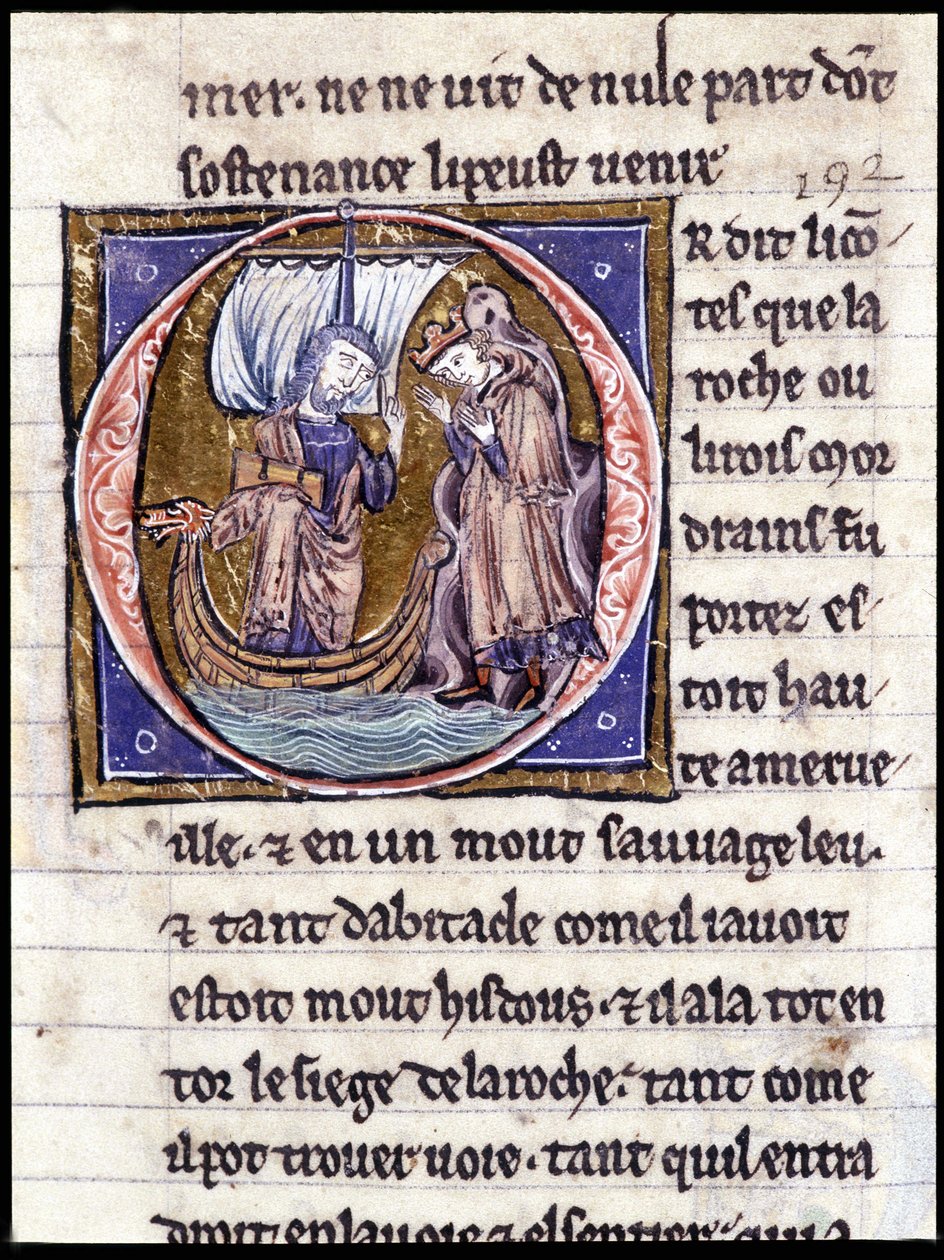 Kuningas Modreius. Käsikirjoitus: Saint Gréalin valloitus, kirjoitettu 717 vuotta herramme intohimosta. Bibliotheque Municipale de Rennes, ms. 255 (Pyöreän pöydän romaanien kokoelma); Pariisi tekijältä Unknown artist