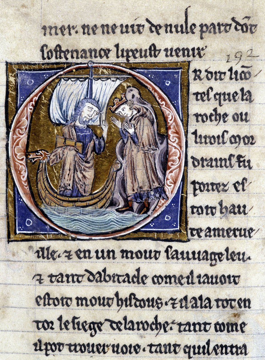 Kuningas Modreius. Käsikirjoitus: Saint Gréalin valloitus, kirjoitettu 717 vuotta herramme intohimosta. Bibliotheque Municipale de Rennes, ms. 255 (Pyöreän pöydän romaanien kokoelma); Pariisi tekijältä Unknown artist