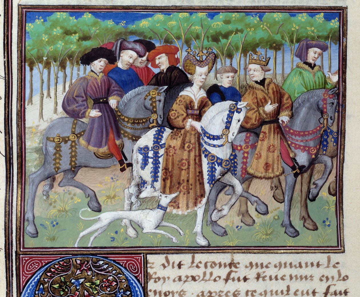 Kuningas ja kuningatar metsästämässä (Philip VI Valois ja Blanche Navarralainen (?)) Miniatyyri Le livre de la chassesta" Gaston III Phoebus, Foixin kreivi, Bearnin herra (1331-1391) tekijältä Unknown artist
