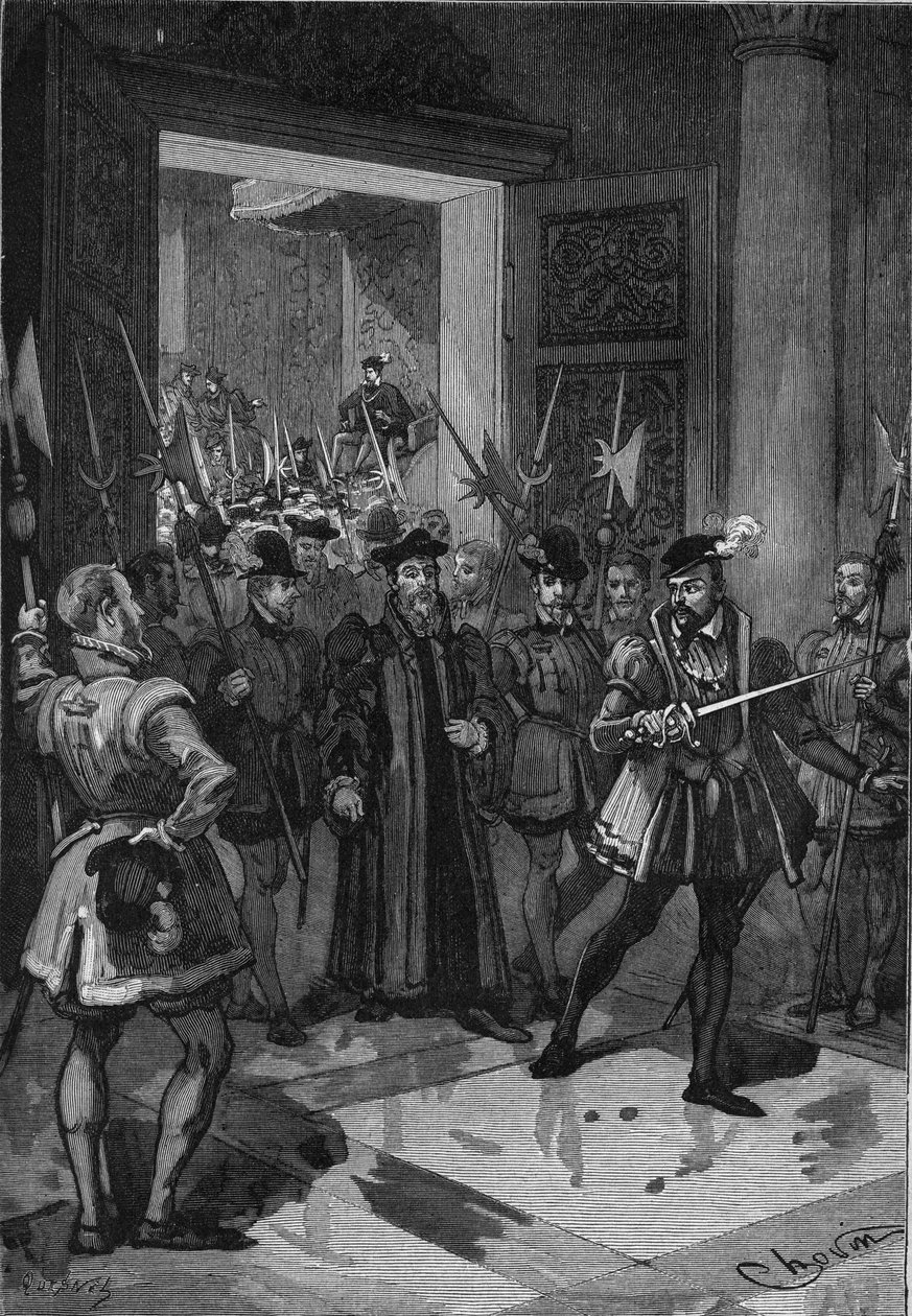 Ranskan kuningas Henrik II (1519-1559), keskellä, käskemässä konnetablettaan takavarikoimaan neuvonantajat. Kaiverrus 1800-luvulta. Jules Micheletin teoksessa "Histoire de France". tekijältä Unknown artist