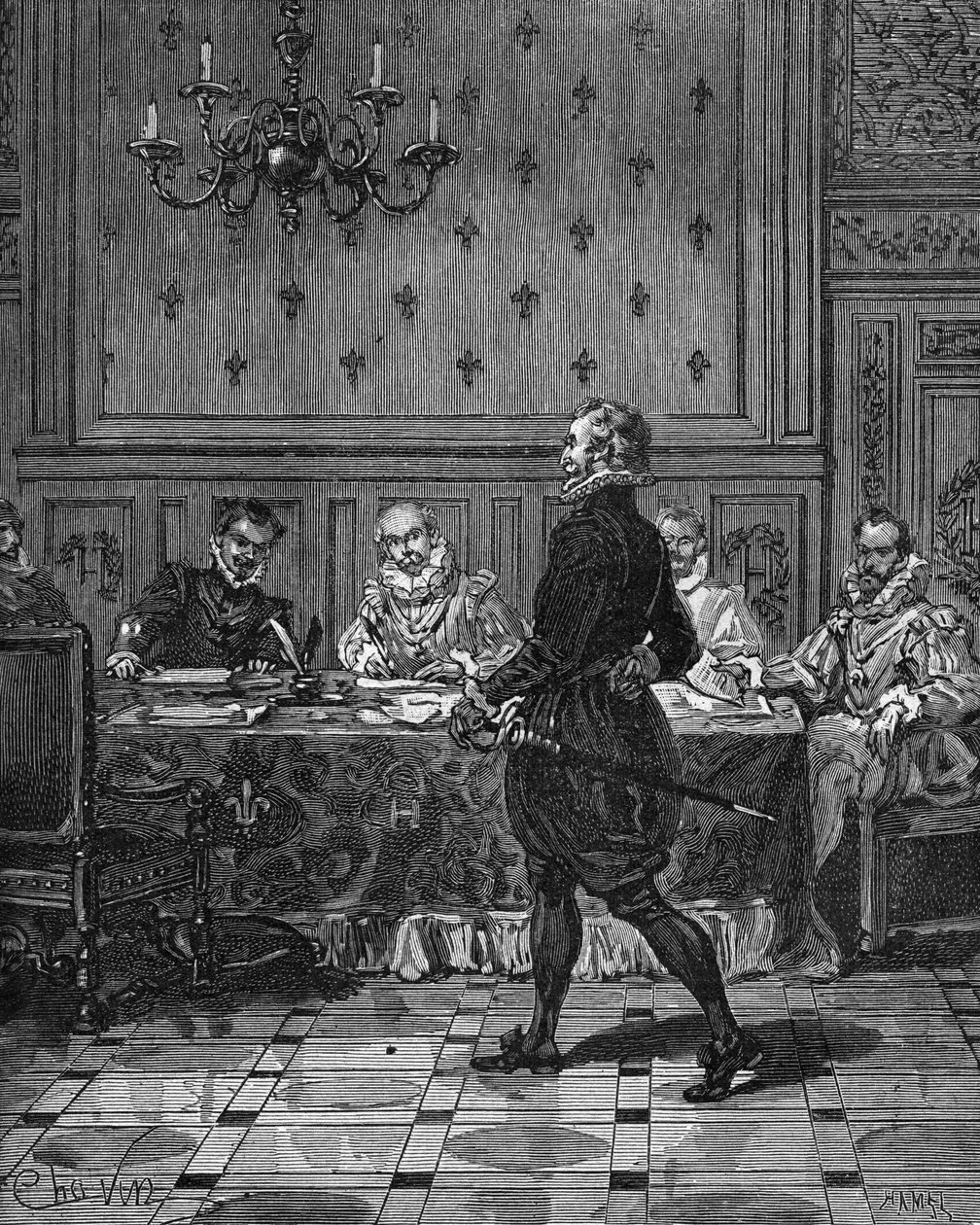 Ranskan kuningas Henrik IV (1553-1610) (seisomassa) kokouksessa suurlähettiläidensä kanssa. Kaiverrus 1800-luvulta. Jules Micheletin teoksessa "Histoire de France". tekijältä Unknown artist