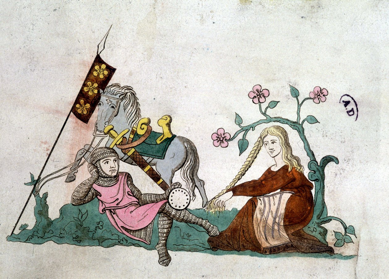 Knight ja Gente Lady - jäljennös 1300-luvun latinalaisen psalterin jälkeen tekijältä Unknown artist