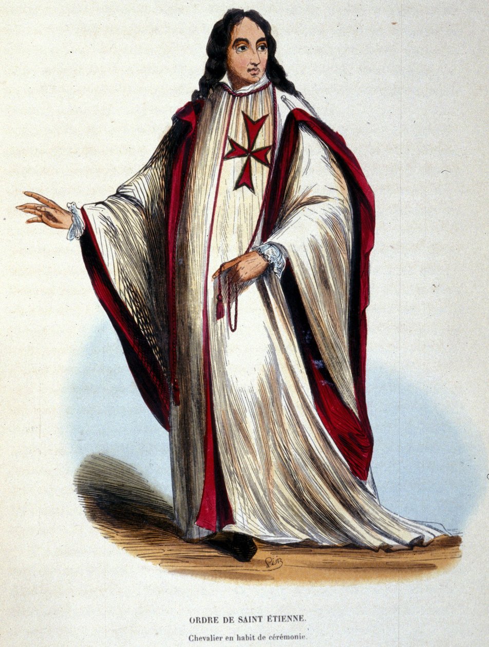 Pyhän Tapanin ritarikunnan ritari juhlapuvussa. Toscanan suurherttua vuonna 1561 luoma sotilaallinen ja uskonnollinen järjestys. Kaiverrus 1800-luvulta. tekijältä Unknown artist