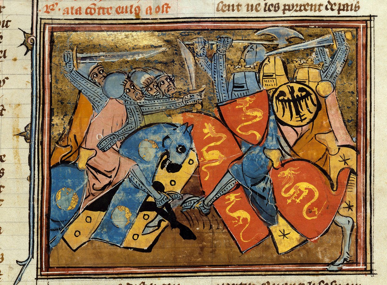 Ritarit taistelevat. Miniatyyri otettu Robert de Boronin (Borron) "" Histoire de Merlin" -teoksesta (n. 1144-n. 1170) tekijältä Unknown artist