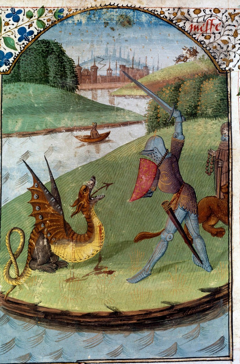 Pyöreän pöydän ritarit: "Lancelot taistelee lohikäärmettä vastaan"" Käsikirjoitus miniatyyri "" Lancelot du Lacin romaani"" tekijältä Unknown artist