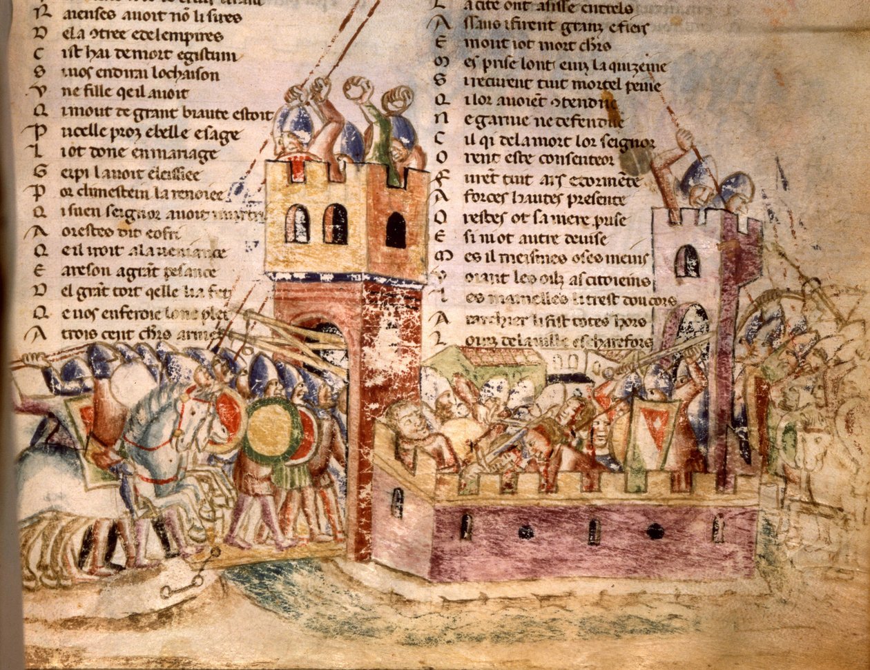 Ritarit hyökkäsivät linnaan. 1100-luvun käsikirjoitus. Bibl. Marciana Venetsia. tekijältä Unknown artist