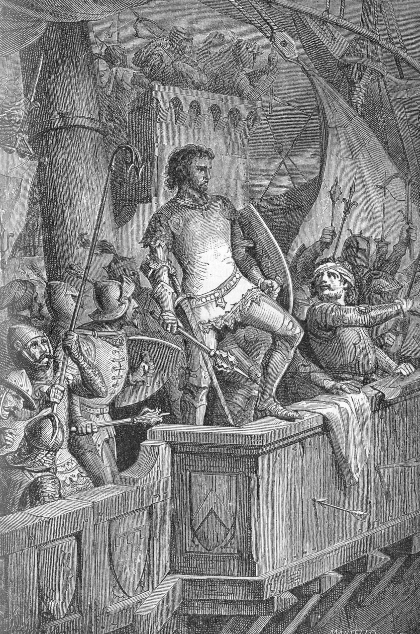 Knut Suuri (Canut I) (994 tai 995-1035) - Cnut Suuren miehet Lontoon sillalla, norjalaisen Olaf II:n (Norjan Olaf II) hyökkäyksen kohteena - Richardin kaiverrus "Kaiser, Konig une Papst" Roth tekijältä Unknown artist