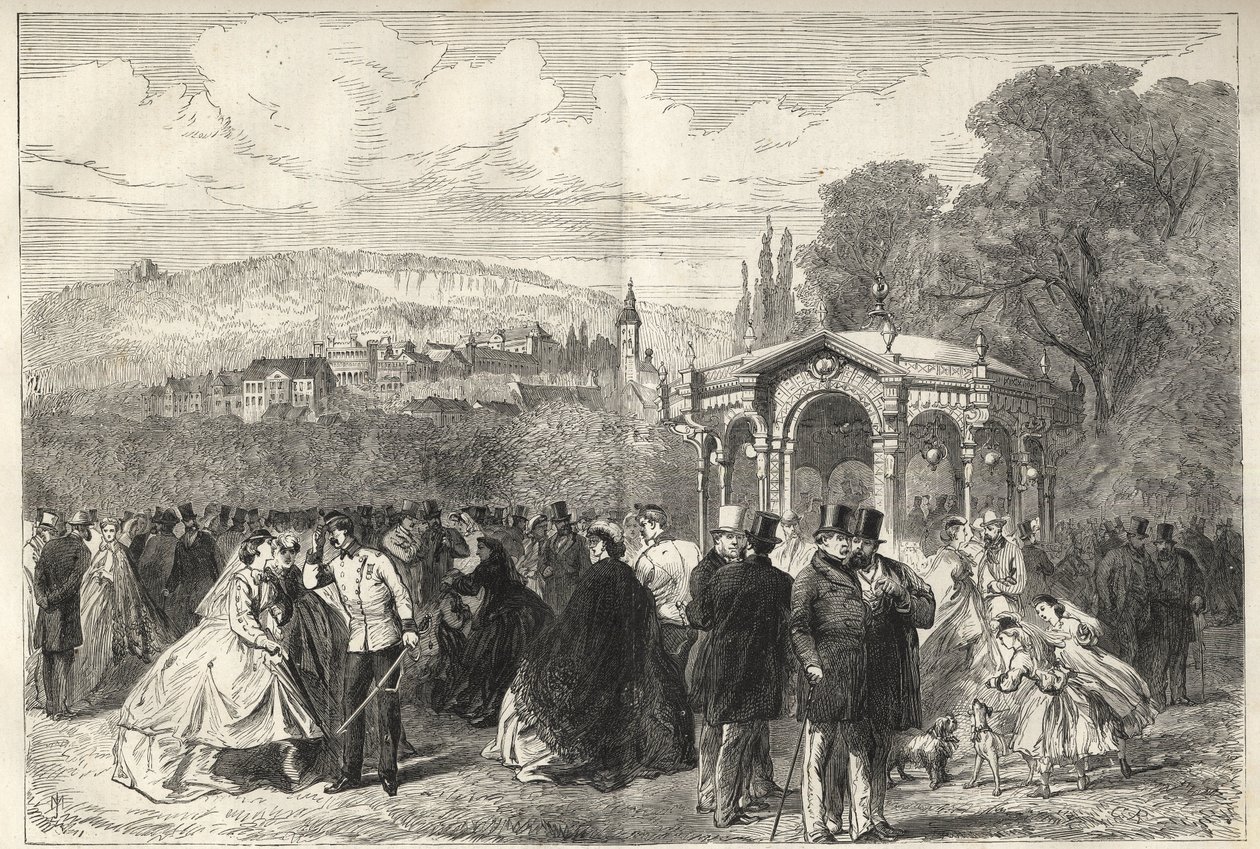 Konversationshaus - Baden Baden (Baden-Baden), Saksa - Kävelymatka keskustelutalon edessä - Yleisnäkymä Baden-Badeniin Keskustelun talon puutarhasta - 1867 tekijältä Unknown artist
