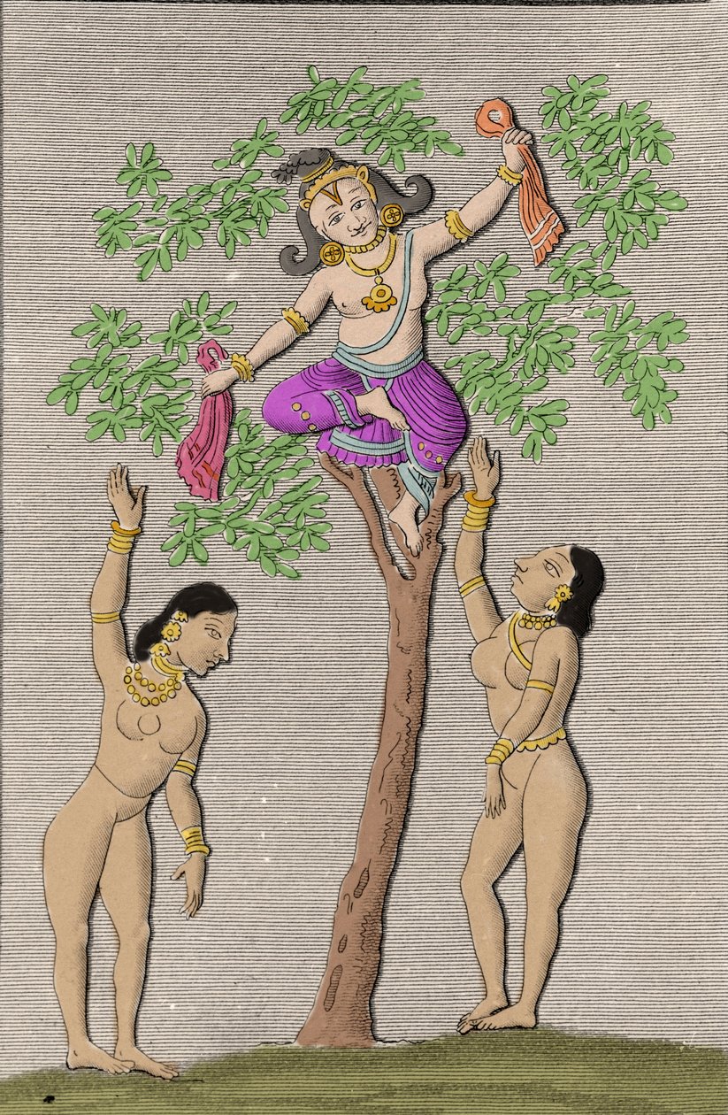 Krishna lentää kahden gopin kanssa. kaiverrus ""Ancient and Modern Monuments of Hindustan"", kirjoittanut L.M. Langles, Pariisi 1821. tekijältä Unknown artist