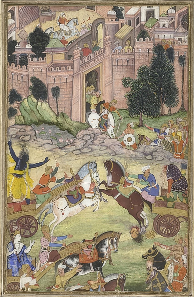 Krishna tappaa demoni Sri Galan (kohtaus Harivamsasta). Noin 1585-95 tekijältä Unknown