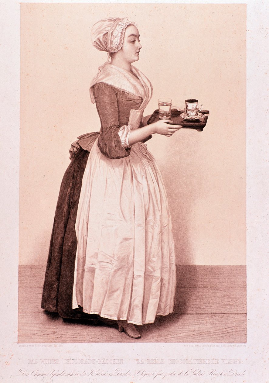 La Chocolatiere de Vienne: nuori piika, jolla on tarjotin, jossa on kuppi kuumaa kaakaota. 1800-luvun yksityiskokoelman litografia tekijältä Unknown artist