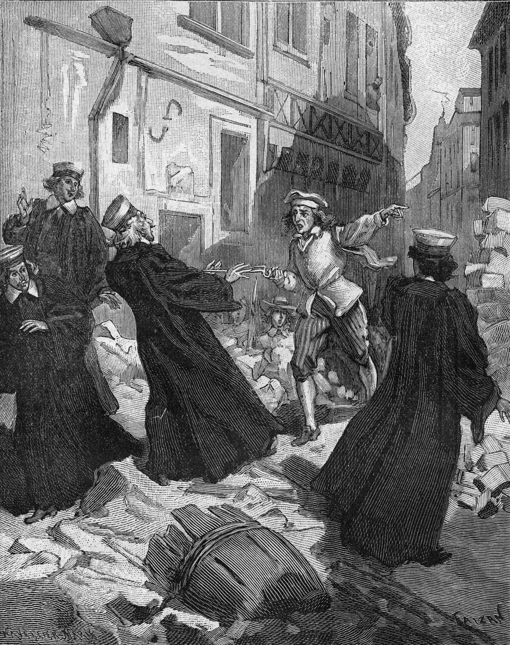 La Fronde (27. elokuuta 1648) - barrikadit Pariisissa: roottoripoika uhkailee parlamentin puhemies Mathieu Molé (1584-1656). Kaiverrus 1800-luvulta. Jules Micheletin teoksessa "Histoire de France". tekijältä Unknown artist
