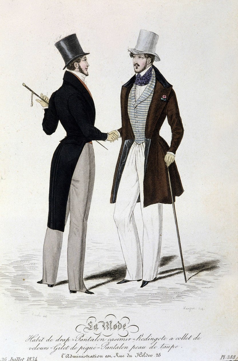 La Mode du 26 juillet 1834: (masuliininen muoti) lakanat puku - housut casimir - Redingote samettikaulus - liivi pikee - housut ruskea nahka ja silinteri. tekijältä Unknown artist