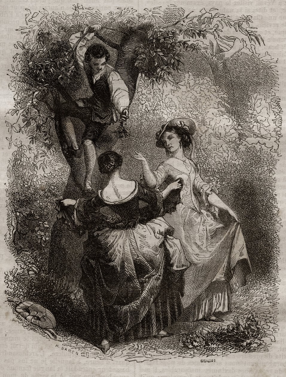 Kirsikoiden poiminta - Kuvitus tunnustuksille, Jean-Jacques (Jean Jacques) Rousseau (1712-1778) - kaiverrus vuodelta 1849 tekijältä Unknown artist