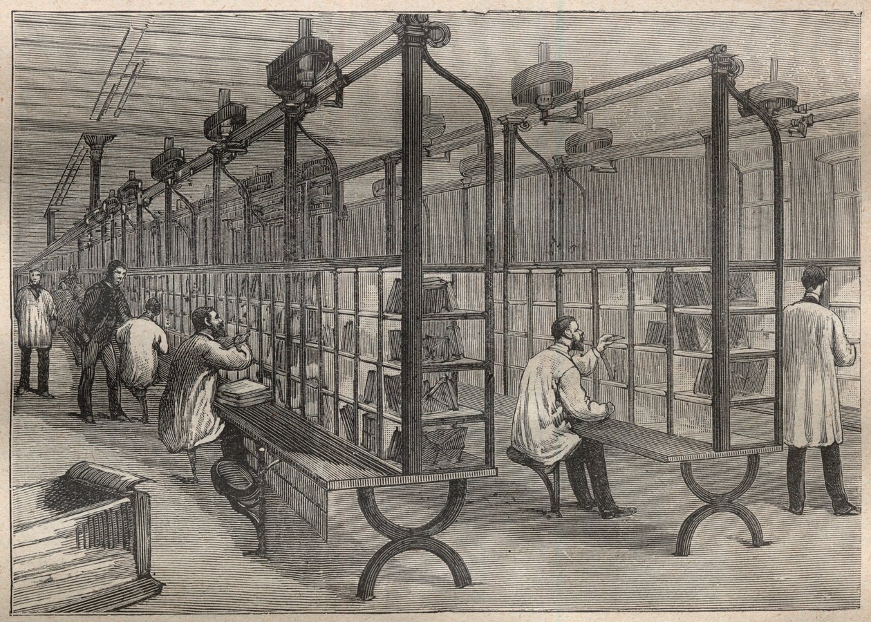 Kirjeposti: kirjekuorien lajittelu Pariisin Hotel des Postsissa - Kaiverrus "La Science francaise" tekijältä Unknown artist