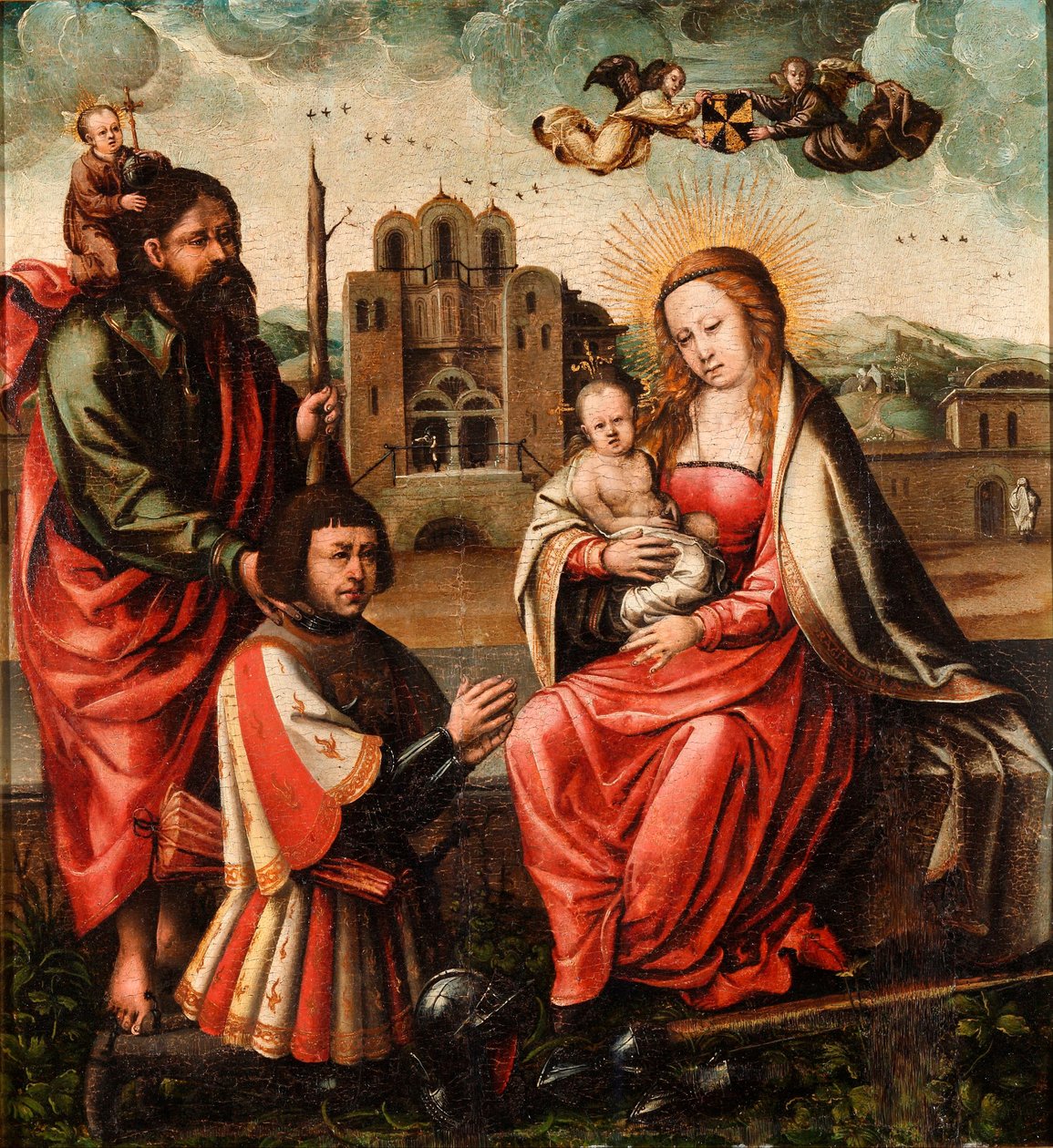 ""Kristoffer Kolumbuksen neitsyt"" (Cristobal Colonin neitsyt) Madonna ja lapsi Kristoffer Kolumbuksen ja Pyhän Kristoforin Anonyymin maalauksen kanssa 1540 - Öljy puulle Koko 52x48 cm Museo Lazaro Galdiano, Madrid tekijältä Unknown artist