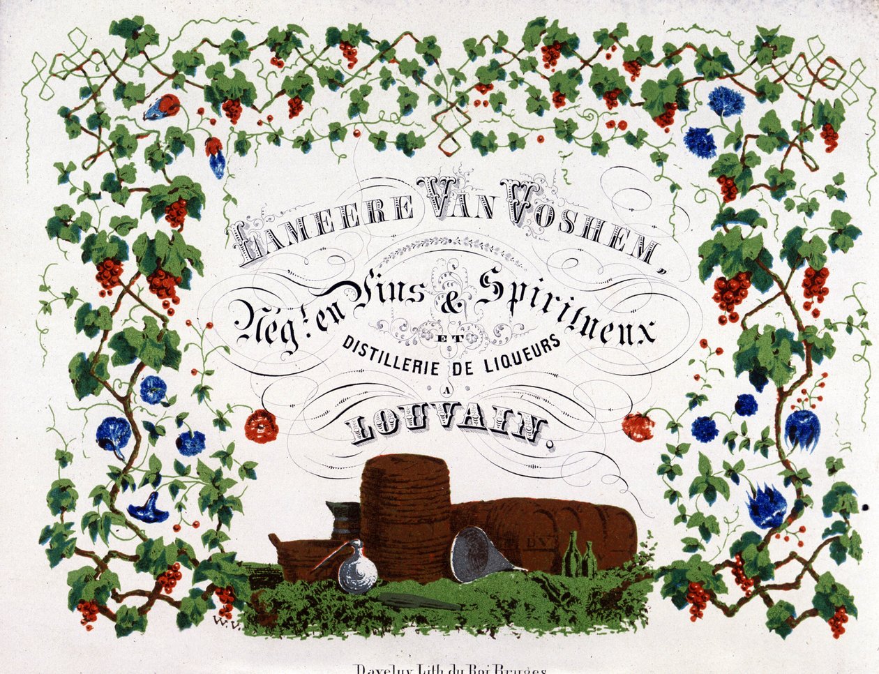 Lameere Van Voshemin, belgialaisen viini- ja väkevien alkoholijuomien kauppiaan, etiketti. 1880. tekijältä Unknown artist