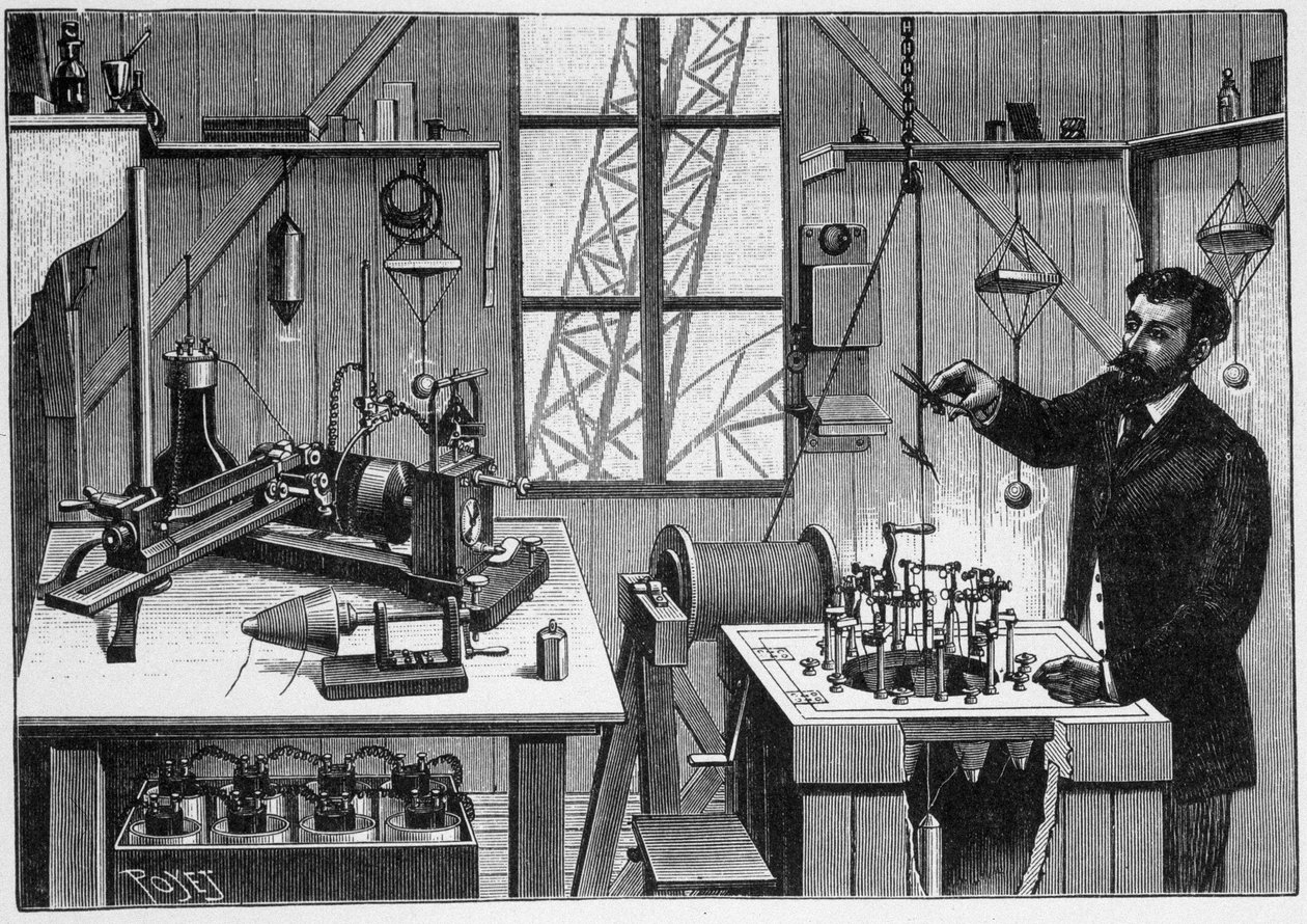 Gustave Eiffelin laboratorio tornin toisella alustalla - kaiverrus tekijältä Unknown artist