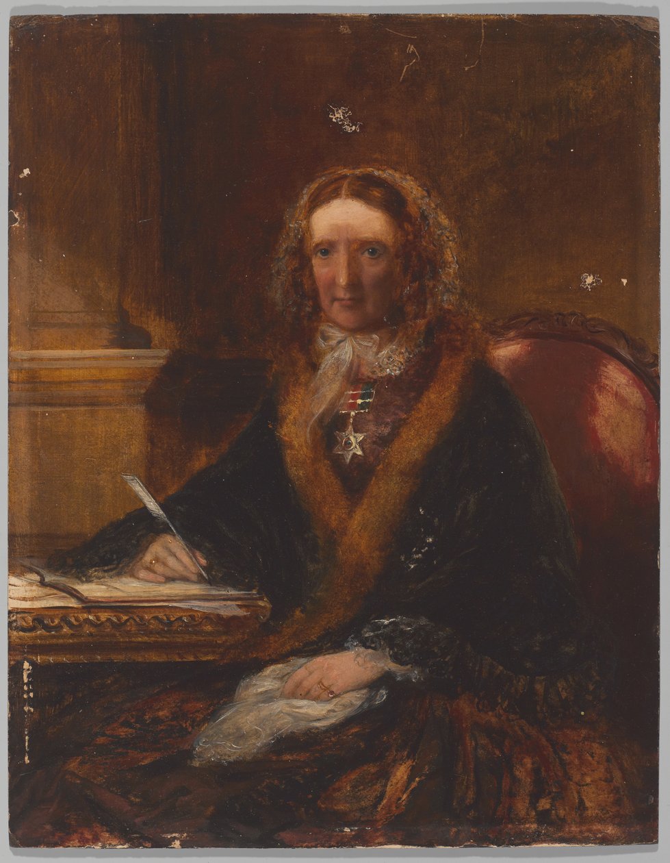 Lady Gough, yllään Maharajpoor Star, yksi neljästä naisesta, jotka saivat tämän kunniamerkin läsnäolostaan taistelussa 29. joulukuuta 1843 (öljy aluksella) tekijältä Unknown artist