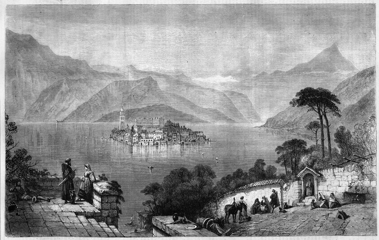 Ortajärvi (Cusiojärvi) (keskellä San Giulion (Saint Jules) saarta Novaran maakunnassa Italiassa. Kaiverrus vuodelta 1865. tekijältä Unknown artist