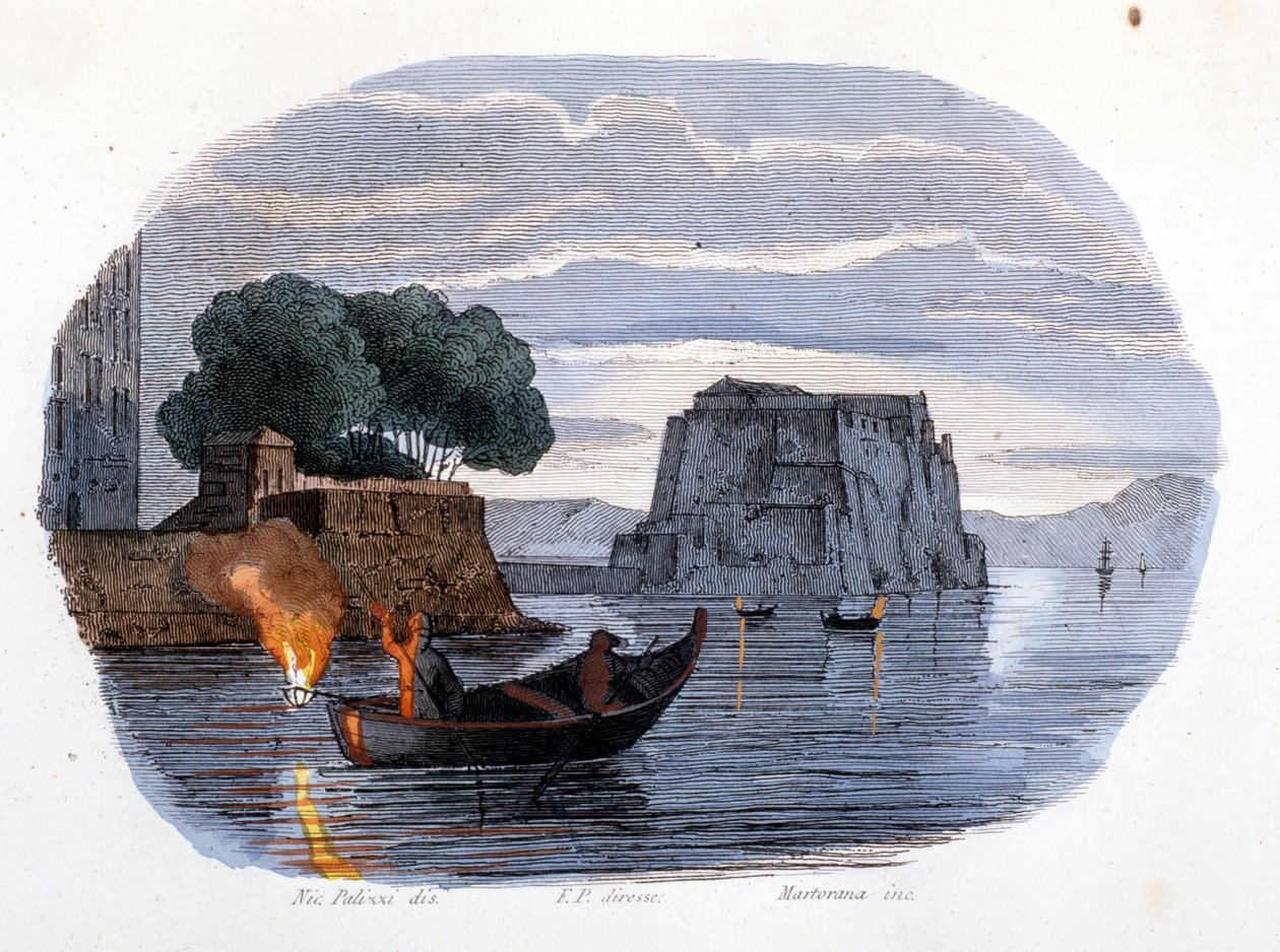 Lamparo-kalastus, kalojen houkuttelemiseen käytetty lamppu Napolinlahdella. tekijältä Unknown artist