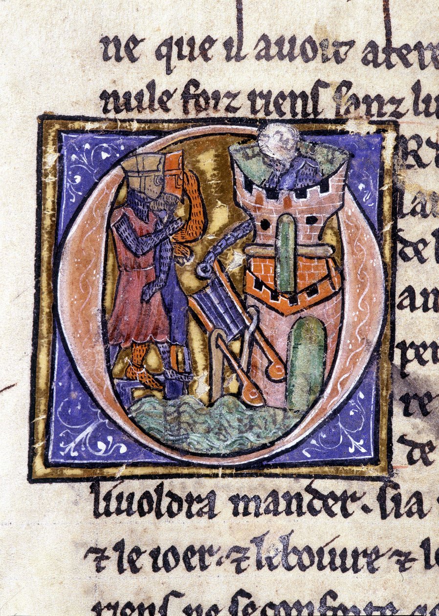 Lancelot tornin huipulla. Käsikirjoitus: Saint Gréalin valloitus, kirjoitettu 717 vuotta herramme intohimosta. Bibliotheque Municipale de Rennes, ms. 255 (Pyöreän pöydän romaanien kokoelma); Pariisi tekijältä Unknown artist