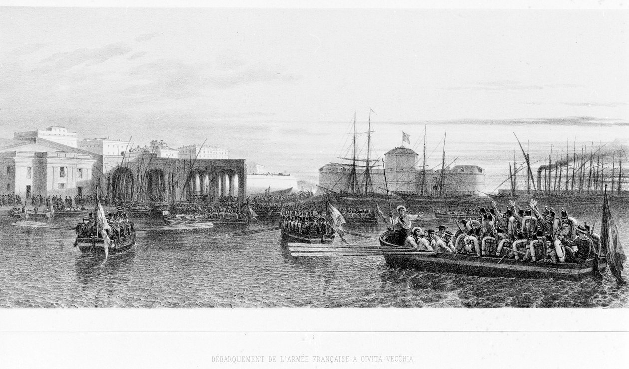 Ranskalaisten maihinnousu Civitavecchiassa lähellä Roomaa vuonna 1849. tekijältä Unknown artist