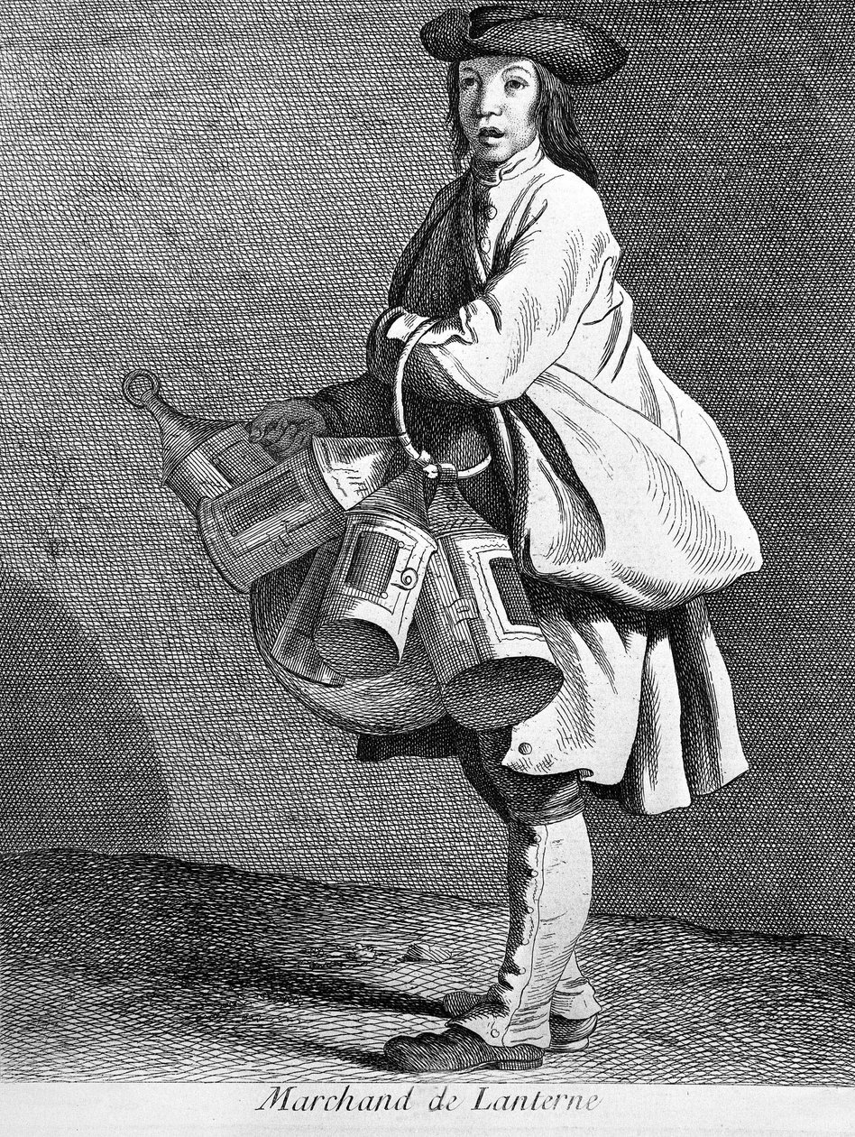 Lyhtyjälleenmyyjä. 1800-luvun kaiverrus. tekijältä Unknown artist