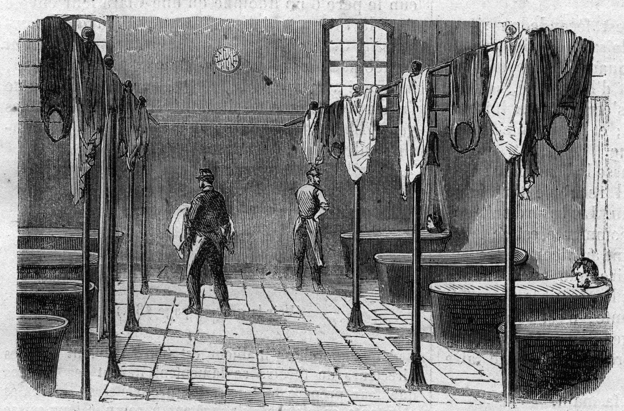Sainte Anne (Sainte-Anne) turvapaikka Pariisissa: kylpyhuone - Kaiverrus ""Le Journal Illustrée"" tekijältä Unknown artist