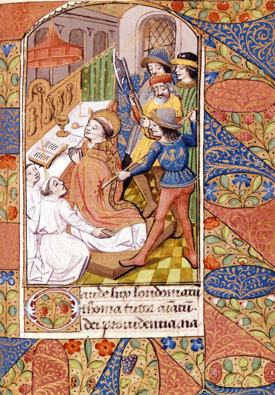 Englannin prelaatin ja poliitikon Saint Thomas Becketin (1118 - 1170) salamurha. Miniatyyri 1300-luvulta. Victoria & Albert Library, Lontoo. tekijältä Unknown artist