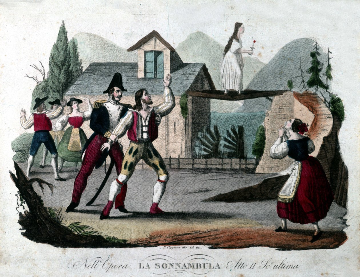 Vincenzo Bellinin elokuvan "Le somnambule (La sonnambula") II näytöksen viimeinen kohtaus. Kaiverrus vuodelta 1835. tekijältä Unknown artist