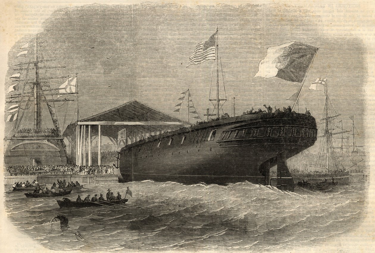 Portugalilaisen korvetin "Sagres" lanseeraus Limehousessa (Lontoo). Kaiverrus "" The Illustrated London News" -julkaisuun 5. kesäkuuta tekijältä Unknown artist