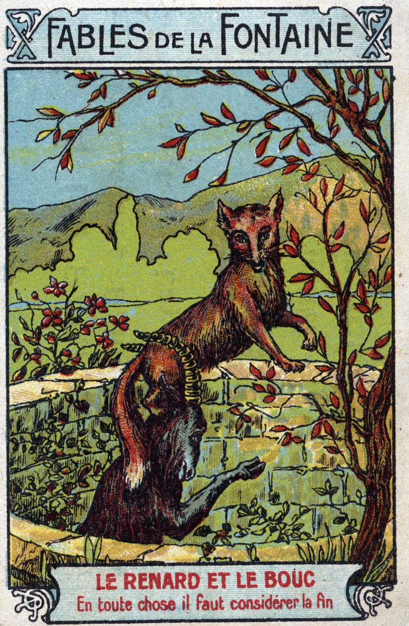 Le Fox et le Bouc - Jean de La Fontainen (1621-95) satuja - 1800-luvun lopun kromolitografia Yksityinen kokoelma tekijältä Unknown artist