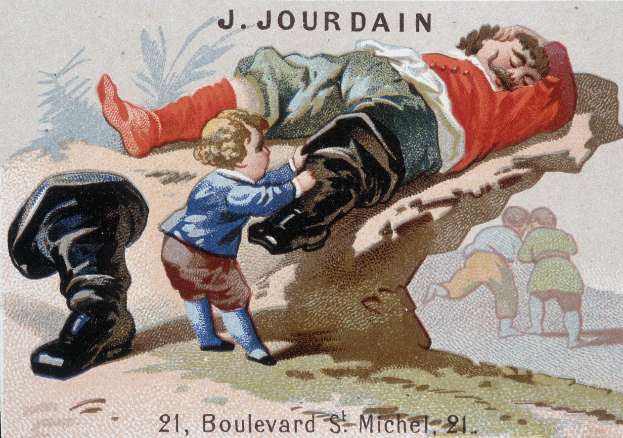 Le Petite Poucet poistaa seitsemän liigan saappaansa asoupi ogrella - Mainosmerkki Jourdain tekijältä Unknown artist