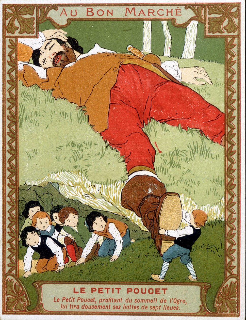 Le Petite Poucet riisuu seitsemän liigan saappaansa assoupi ogreen - Bon Marché -mainosmerkki, 1800-luvun loppu tekijältä Unknown artist
