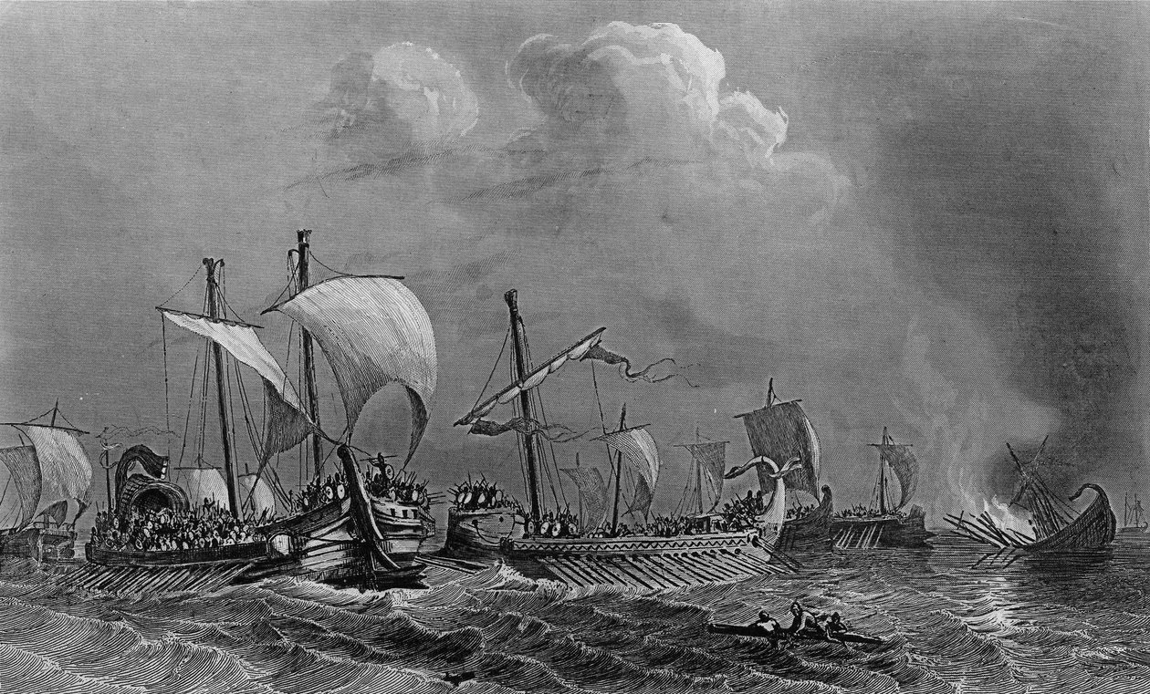 Salamiin taistelu ja Xercesin tappio, 5. vuosisata. "General History of the Navy" -kirjassa herra Van Tenacin johdolla tekijältä Unknown artist
