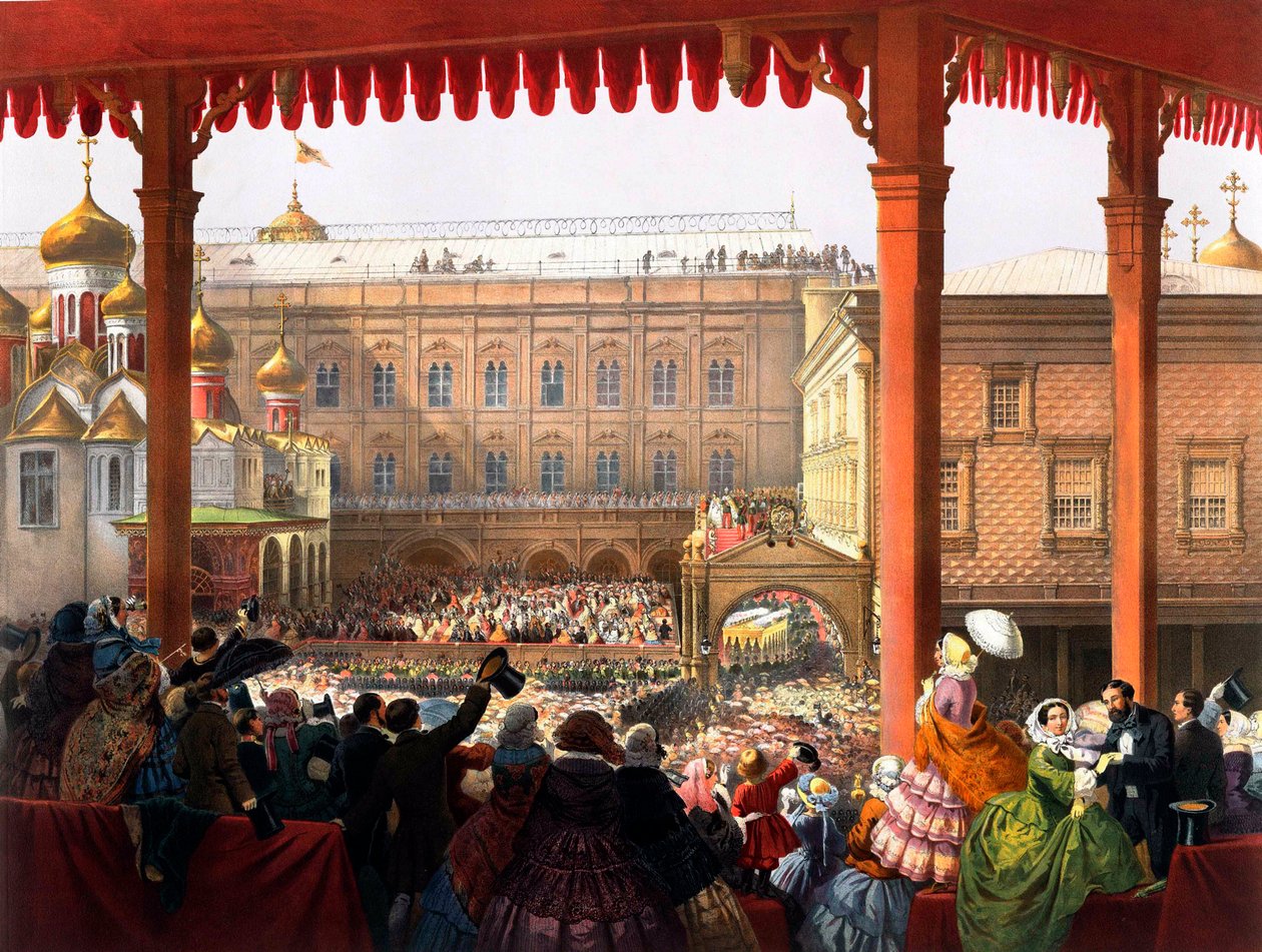 ""Keisari Aleksanteri II:n (1818-1881) kruunaus 18.2.1855"" Näkymä ihmisjoukosta - Nimetön litografia tekijältä Unknown artist