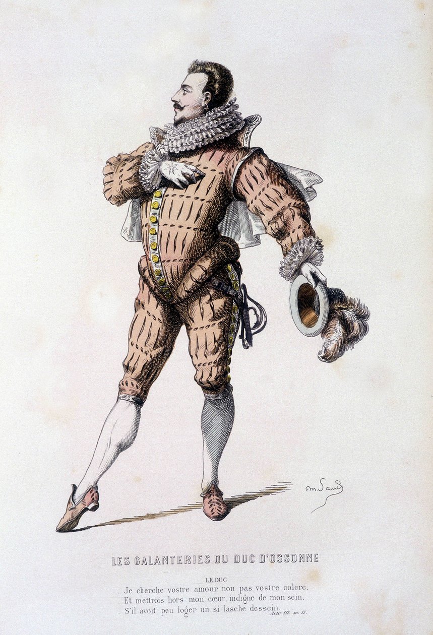 Herttua elokuvassa "" Ossonnen herttuan galanteerit "" (kirjoittaja Jean de Mairet 1636), Edouard Fournierin teoksessa "" Ranskalainen teatteri 1500- ja 1600-luvulla ennen Molierea" tekijältä Unknown artist