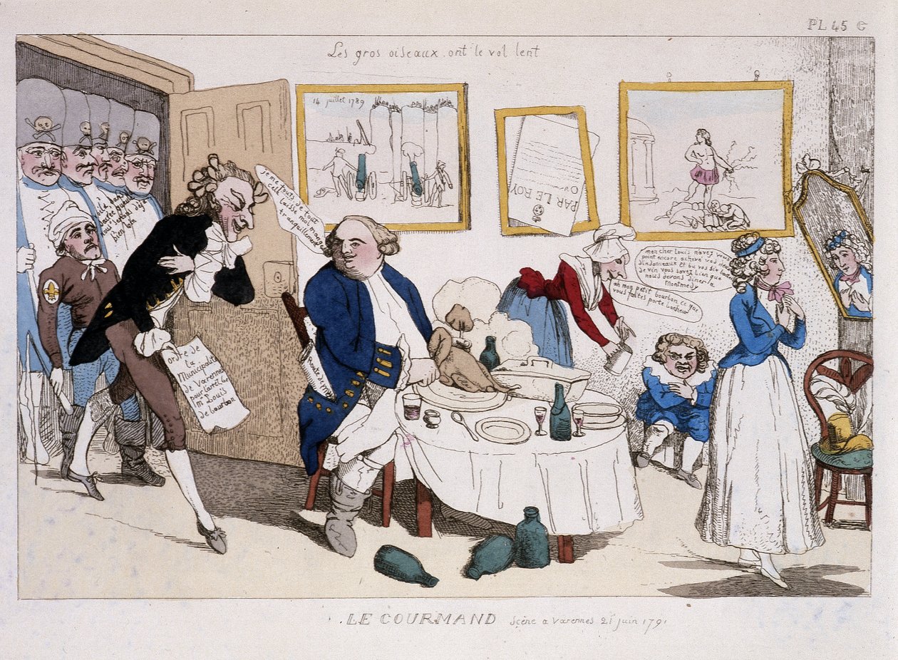 Le gourmand (Louis XVI:n ja Marie Antoinetten ateria lennon aikana Varennesiin) - "" Musée de la caricature -kirjassa"" tekijältä Unknown artist