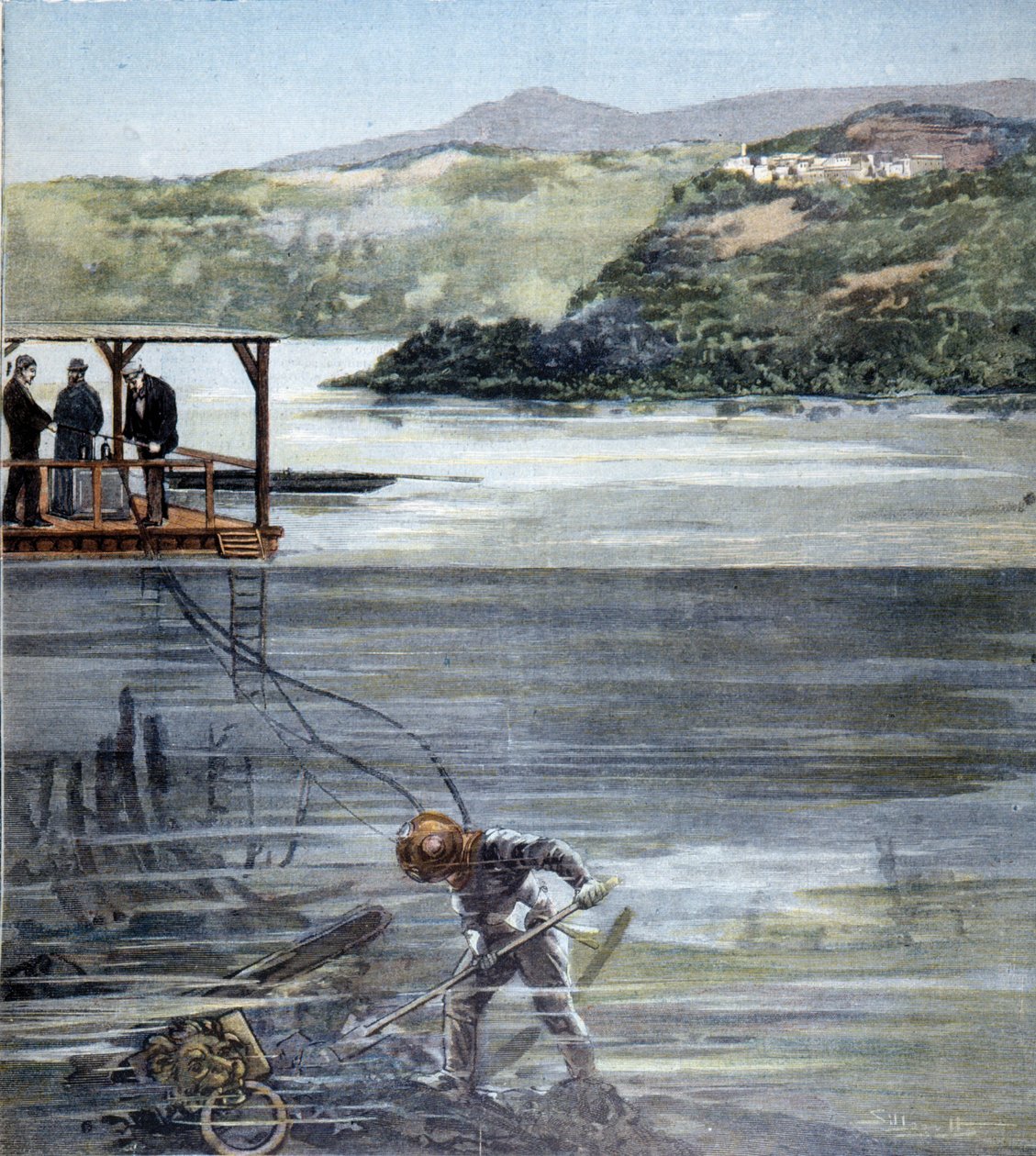 Sukeltaja Paolo Pardi työskenteli roomalaisilla veneillä Nemi-järvellä Siebe-sukeltajan kanssa vuonna 1893. tekijältä Unknown artist