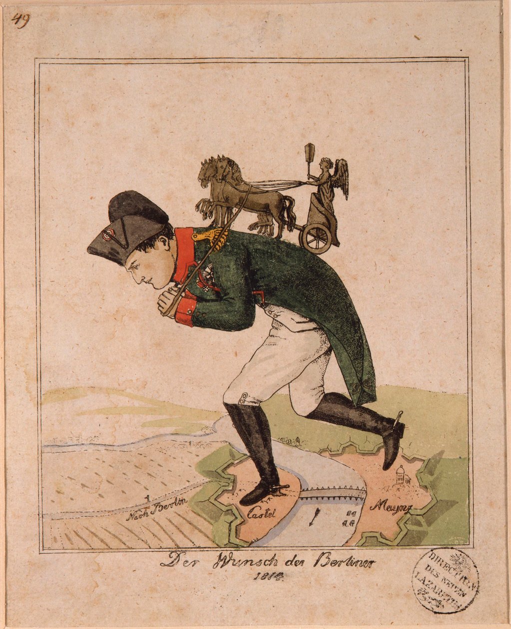 ""Berliiniläisten toive"" (Berliiniläisten toive) Karikatyyri, joka esittää keisari Napoleon I:tä (1769-1821) kantamassa selässään Brandenburgin portin quadrigaa ylittääkseen Mainzin linnoituksen piirityksen aikana Anonyymi pilakuva tekijältä Unknown artist