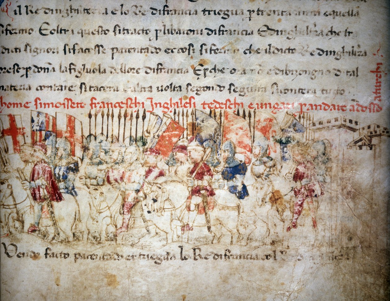 Ranskalaisten, englantilaisten, saksalaisten ja unkarilaisten liitto turkkilaisia vastaan vuonna 1391 - "" Croniche del Sercambissa"", noin 1400. Kansallisarkisto, Lucca. tekijältä Unknown artist