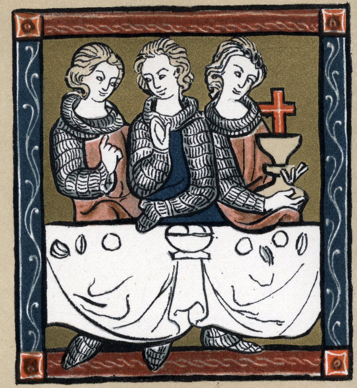 Legenda Arthurian: Galahad (Galad tai Galaad), Perceval ja Bohort (Bors tai Borrt) Pyhän Graalin kanssa. Hermann Suchierin teoksessa "Ranskan kirjallisuuden historia". tekijältä Unknown artist