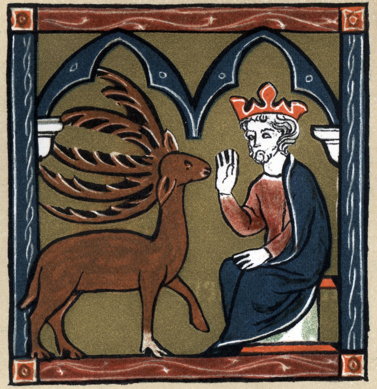 Legenda Arthurian: Merlinin metamorfoosi viisimetsässä peurassa vierailee Jules Cesarin luona. Hermann Suchierin teoksessa "Ranskan kirjallisuuden historia". tekijältä Unknown artist
