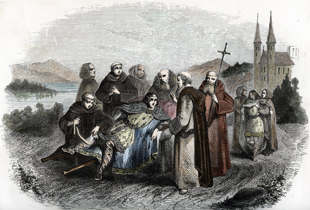 Legende des enerves de Jumieges: os dois filhos do rei merovíngio Clovis II, punidos por se revoltarem contra seu pai, são recolhidos pelos monges da Abadia de Jumieges, perto de Rouen, 660 aproximadamente (Os filhos do rei Clovis II, após serem punidos pe tekijältä Unknown artist