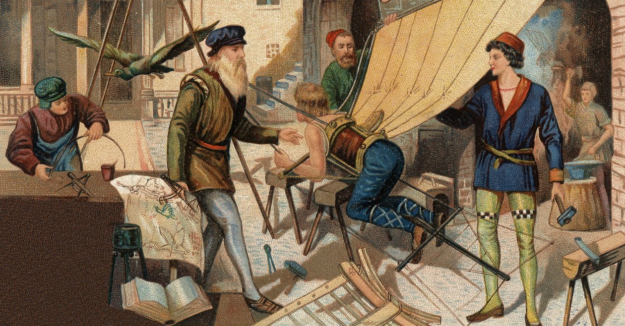 Leonardo da Vinci (Leonard de Vinci 1452-1519) kokeilee lentävää konetta. 1800-luvun kromolitografia. tekijältä Unknown artist